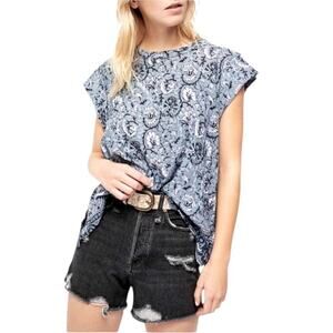 Free People High Tide Chambray Oversized Hi-Lo Top Floral, size XS
